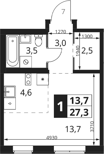Студия, 27.3 м², 2/17 этаж, ЖК «1-й Ясеневский»