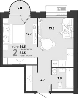 2-комн., 34.5 м², 10/12 этаж, ЖК «Страна.Заречная»