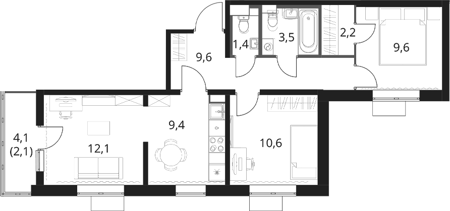 3-комн., 58.4 м², 2/16 этаж, ЖК «1-й Шереметьевский»
