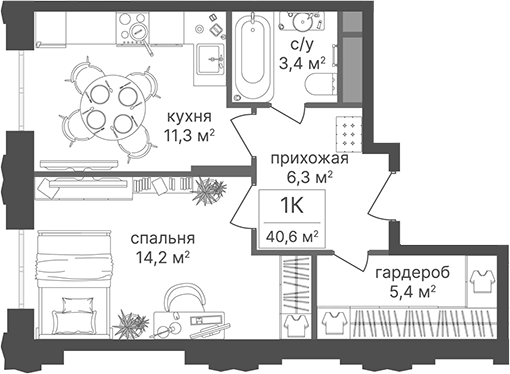 1-комн., 40.6 м², 27/30 этаж, ЖК «Гостиничный комплекс Варшавские ворота»