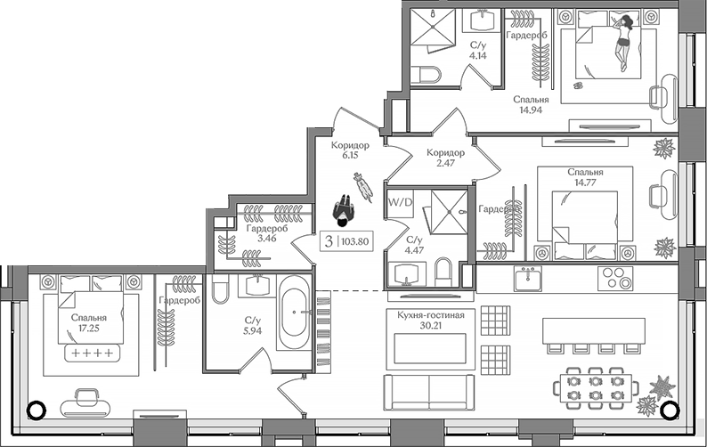 4+ комнаты, 103.8 м², 14/15 этаж, ЖК «Преображенская площадь»