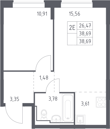 2-комн., 38.69 м², 7/12 этаж, ЖК «Богдановский лес»