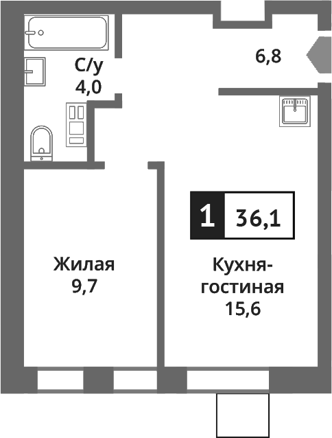 2-комн., 36.1 м², 5/6 этаж, ЖК «Никольский квартал Отрада»