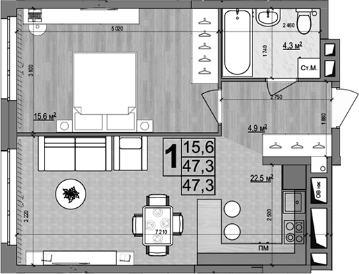 2-комн., 47.3 м², 2/18 этаж, ЖК «Гранд Комфорт»
