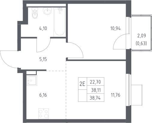 2-комн., 38.11 м², 10/13 этаж, ЖК «Горки Парк»