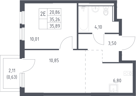 2-комн., 35.26 м², 14/17 этаж, ЖК «Пригород Лесное»