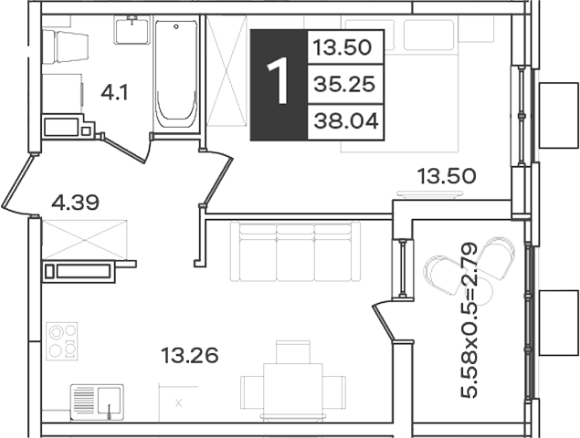 1-комн., 35.25 м², 14/18 этаж, ЖК «Сюжеты»