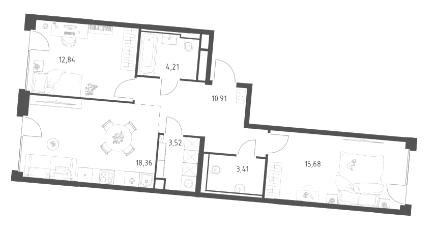3-комн., 68.93 м², 4/7 этаж, ЖК «Квартал на воде»