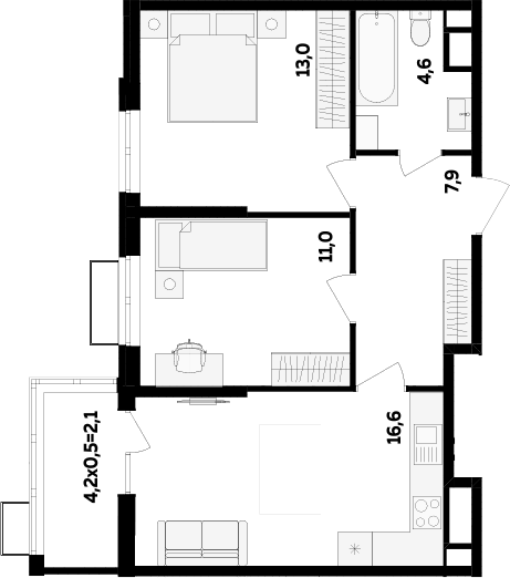 2-комн., 53.1 м², 7/16 этаж, ЖК «МегаСити»