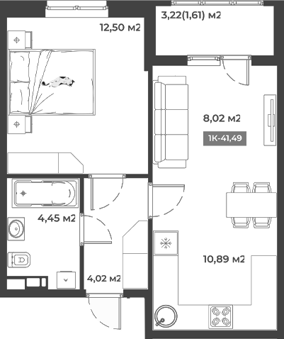 1-комн., 39.88 м², 1/5 этаж, ЖК «Соловей»