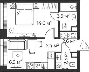 2-комн., 35.3 м², 12/35 этаж, ЖК «Веер»