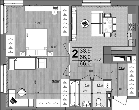 3-комн., 66 м², 2/18 этаж, ЖК «Гранд Комфорт»