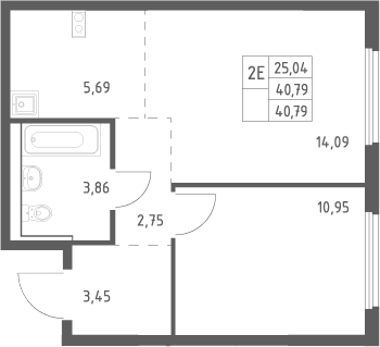 2-комн., 40.79 м², 5/17 этаж, ЖК «Пригород Лесное»