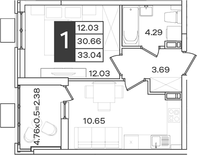 1-комн., 30.66 м², 9/18 этаж, ЖК «Сюжеты»