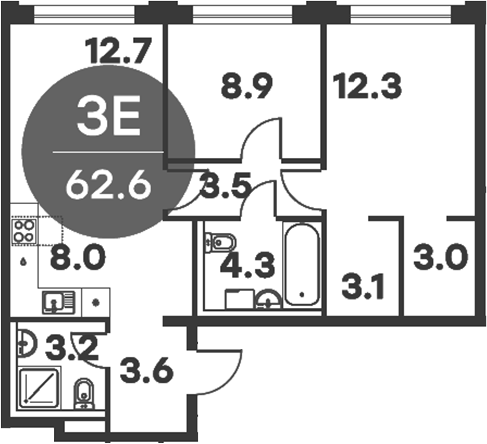3-комн., 62.6 м², 4/6 этаж, ЖК «Равновесие»