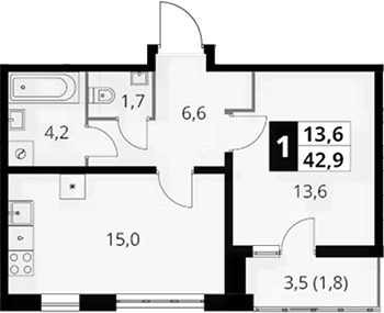 1-комн., 41.1 м², 3/22 этаж, ЖК «Южная Битца»