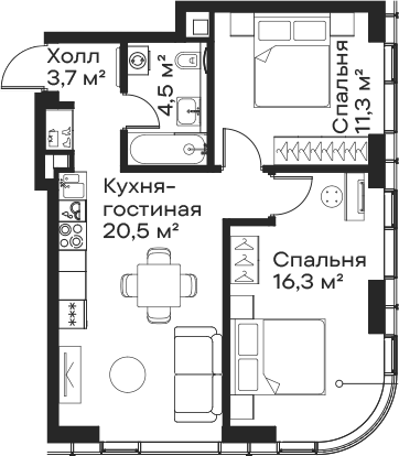 3-комн., 56.3 м², 46/59 этаж, ЖК «Сити Бэй»