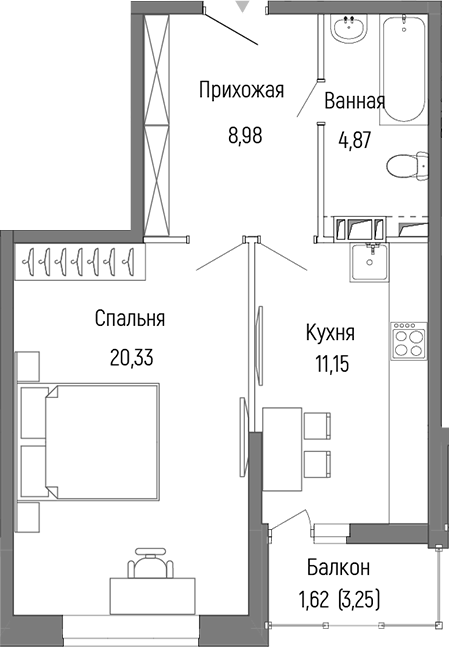 1-комн., 45.34 м², 9/9 этаж, ЖК «Рига Хиллс»