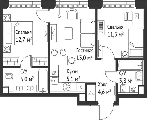 3-комн., 55.7 м², 30/52 этаж, ЖК «СЕТ»