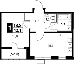 1-комн., 41.6 м², 11/23 этаж, ЖК «Южная Битца»