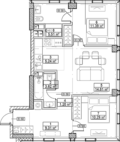 3-комн., 61.37 м², 28/48 этаж, ЖК «Сити Бэй»