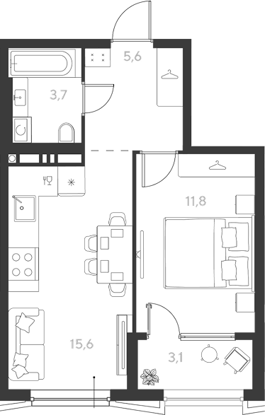 1-комн., 36.7 м², 7/9 этаж, ЖК «Ридз»