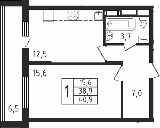 1-комн., 38.9 м², 7/9 этаж, ЖК «Пироговская ривьера. Мытищи»