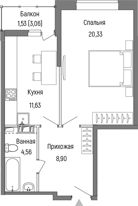 1-комн., 42.87 м², 7/9 этаж, ЖК «Рига Хиллс»
