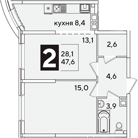 2-комн., 47.6 м², 8/16 этаж, ЖК «Самолет»