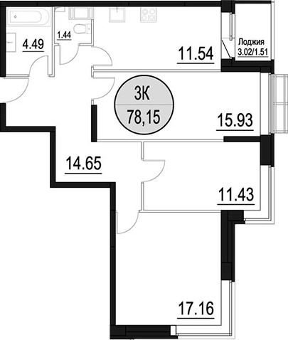 3-комн., 78.09 м², 15/17 этаж, ЖК «Солнечный Парк»
