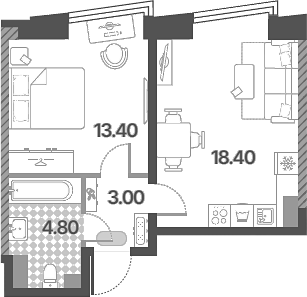 2-комн., 39.6 м², 54/58 этаж, ЖК «Обручева 30»