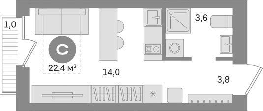 Студия, 21.4 м², 5/17 этаж, ЖК «Первый квартал. Вторая очередь»