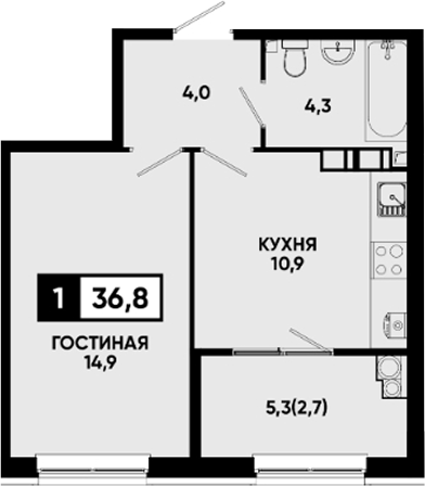 1-комн., 34.1 м², 9/14 этаж, ЖК «Квартал на курорте Моя Легенда»