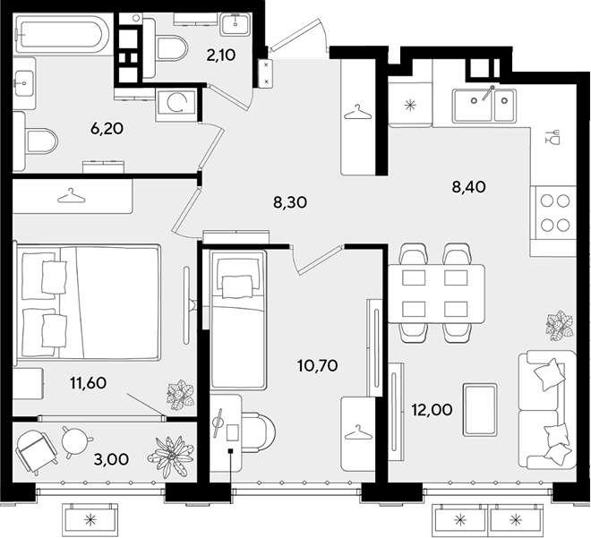 3-комн., 59.3 м², 8/9 этаж, ЖК «Порто-Ново»