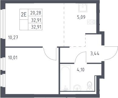 2-комн., 32.91 м², 4/17 этаж, ЖК «Пригород Лесное»