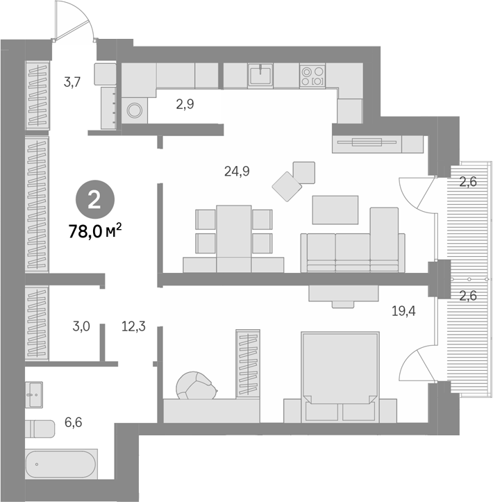 2-комн., 72.8 м², 14/24 этаж, ЖК «Квартал Издание»