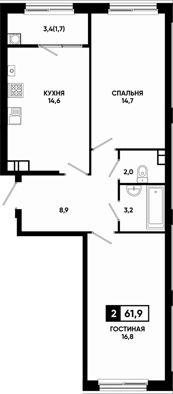 2-комн., 60.2 м², 2/14 этаж, ЖК «Резиденция Софи»