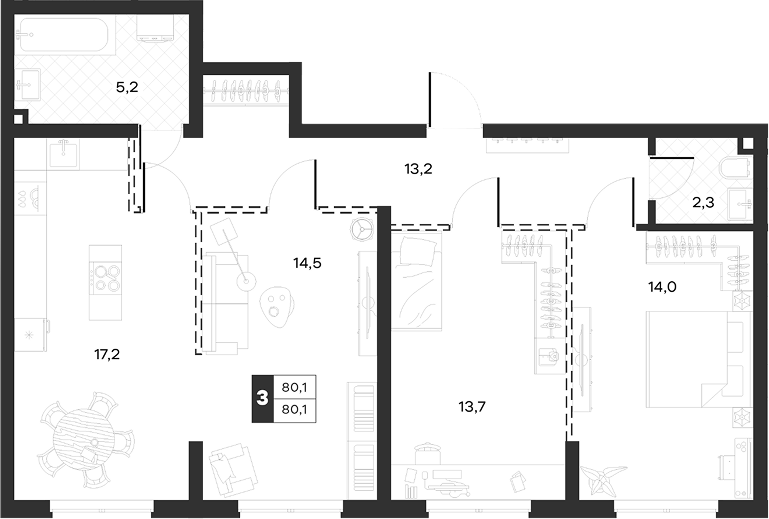 3-комн., 80.05 м², 2/17 этаж, ЖК «Луиджи»