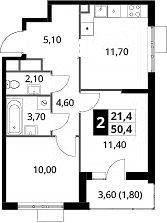 2-комн., 48.6 м², 6/16 этаж, ЖК «1-й Химкинский»