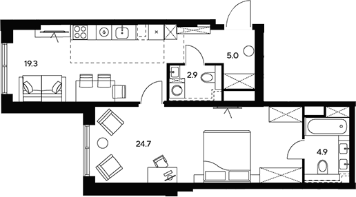 2-комн., 56.8 м², 21/46 этаж, ЖК «НЕКСУС от Аквилон»