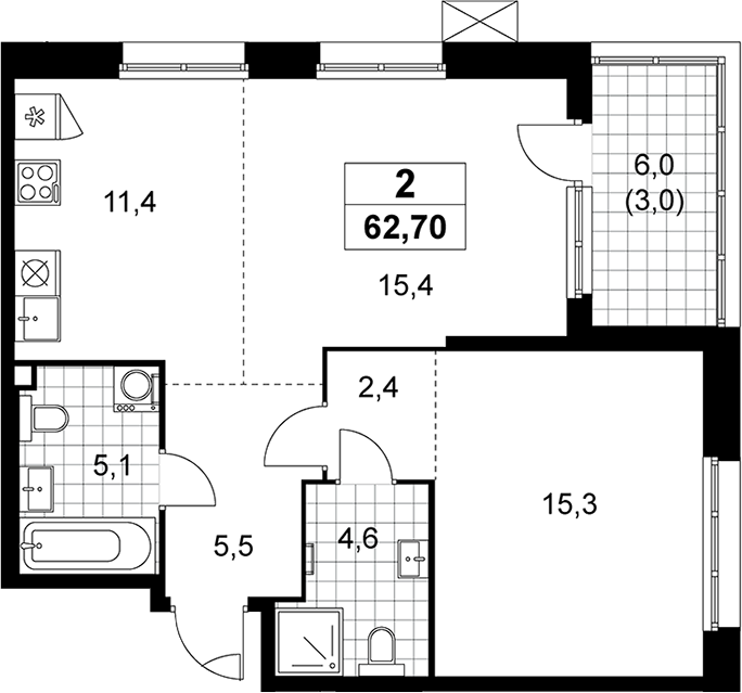 2-комн., 59.7 м², 2/12 этаж, ЖК «Дзен-кварталы»