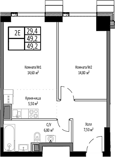 2-комн., 49.2 м², 11/35 этаж, ЖК «Мираполис»