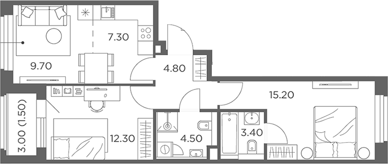 3-комн., 57.2 м², 17/23 этаж, ЖК «Белый Град»