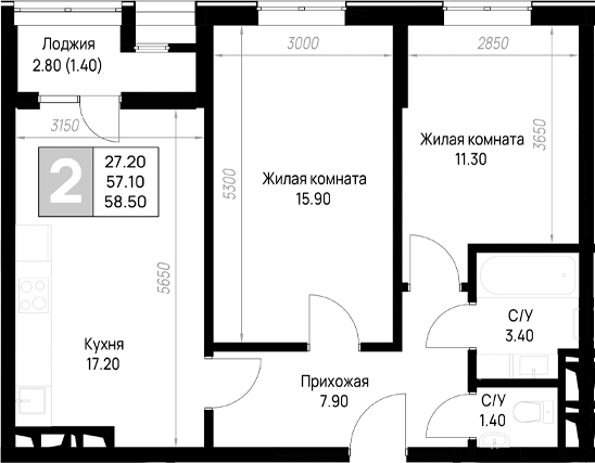 Продается 2-комн. квартира, 57.1 м²