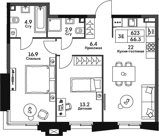 3-комн., 66.3 м², 22/22 этаж, ЖК «ТВЕЛВ»