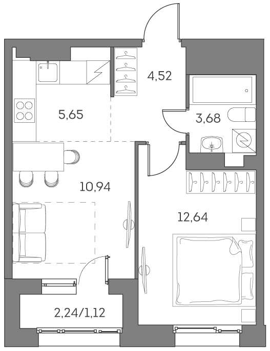 2-комн., 37.43 м², 4/14 этаж, ЖК «Аквилон БИСАЙД 2.0»