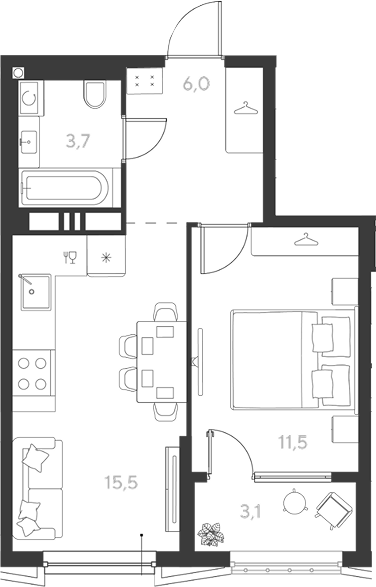 1-комн., 36.7 м², 7/18 этаж, ЖК «Ридз»