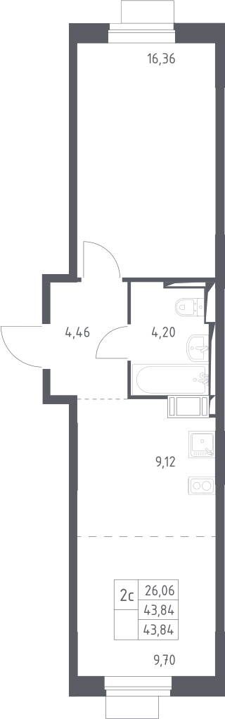 2-комн., 43.84 м², 4/12 этаж, ЖК «Пятницкие Луга»