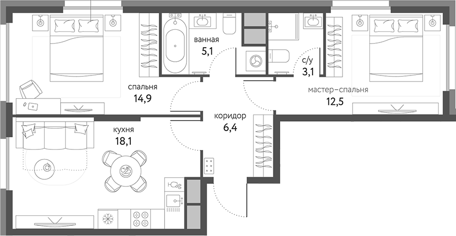 2-комн., 58 м², 20/23 этаж, ЖК «Сиреневый парк»