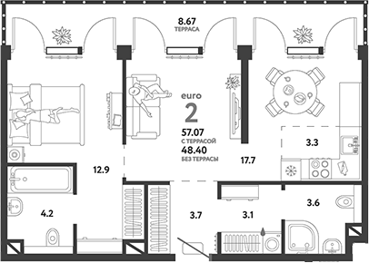 2-комн., 48.4 м², 8/19 этаж, ЖК «Страна.Озерная»